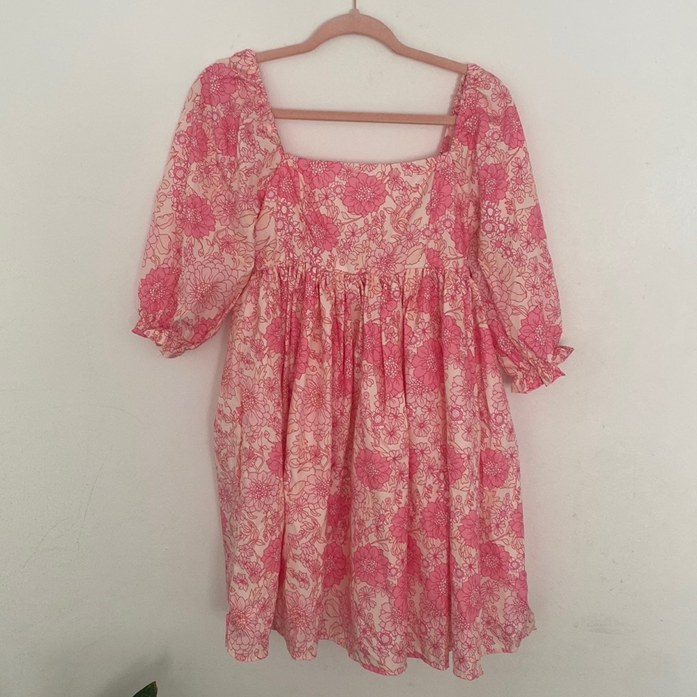 Piacakece Cute Puffy Printed Bell Sleeve Square Neck Mesh Ruffle Bubble Dress